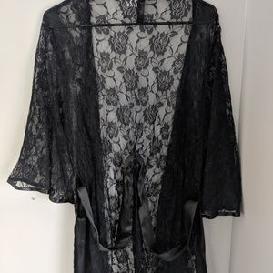Black Lace Robe with Satin Sash